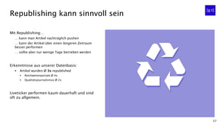 57
Mit Republishing…
… kann man Artikel nachträglich pushen
… kann der Artikel über einen längeren Zeitraum
besser performen
… sollte aber nur wenige Tage betrieben werden
Erkenntnisse aus unserer Datenbasis:
▪ Artikel wurden Ø 3x republished
▪ Reichweitenportale Ø 4x
▪ Qualitätsjournalismus Ø 2x
Liveticker performen kaum dauerhaft und sind
oft zu allgemein.
Republishing kann sinnvoll sein
 