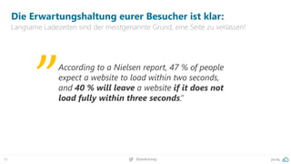 35 pa.ag@peakaceag
Die Erwartungshaltung eurer Besucher ist klar:
Langsame Ladezeiten sind der meistgenannte Grund, eine Seite zu verlassen!
According to a Nielsen report, 47 % of people
expect a website to load within two seconds,
and 40 % will leave a website if it does not
load fully within three seconds.”
„
 
