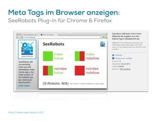 Meta Tags im Browser anzeigen:
SeeRobots Plug-in für Chrome & Firefox
http://www.seerobots.com/
 