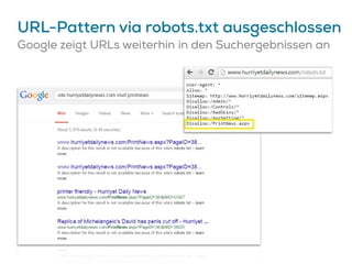 URL-Pattern via robots.txt ausgeschlossen
Google zeigt URLs weiterhin in den Suchergebnissen an
 