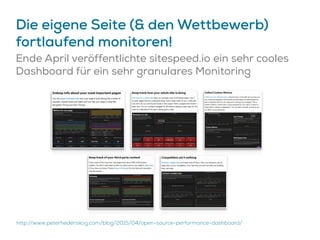 Die eigene Seite (& den Wettbewerb)
fortlaufend monitoren!
Ende April veröffentlichte sitespeed.io ein sehr cooles
Dashboard für ein sehr granulares Monitoring
http://www.peterhedenskog.com/blog/2015/04/open-source-performance-dashboard/
 