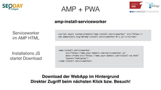 AMP + PWA
amp-install-serviceworker
<script async custom-element="amp-install-serviceworker" src="https://
cdn.ampproject....