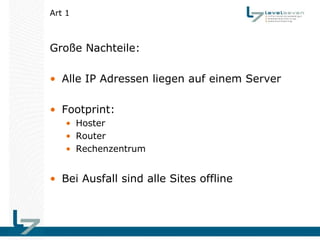 Art 1



Große Nachteile:

• Alle IP Adressen liegen auf einem Server

• Footprint:
    • Hoster
    • Router
    • Rechenzentrum


• Bei Ausfall sind alle Sites offline
 