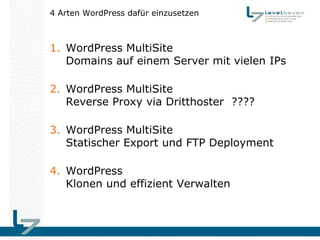 4 Arten WordPress dafür einzusetzen



1. WordPress MultiSite
   Domains auf einem Server mit vielen IPs

2. WordPress Mul...