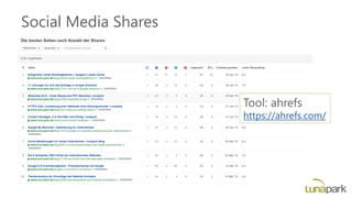 Social Media Shares
Tool: ahrefs
https://ahrefs.com/
 