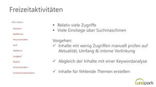 Freizeitaktivitäten
▪ Relativ viele Zugriffe
▪ Viele Einstiege über Suchmaschinen
Vorgehen:
✓ Inhalte mit wenig Zugriffen manuell prüfen auf
Aktualität, Umfang & interne Verlinkung
✓ Abgleich der Inhalte mit einer Keywordanalyse
✓ Inhalte für fehlende Themen erstellen
 