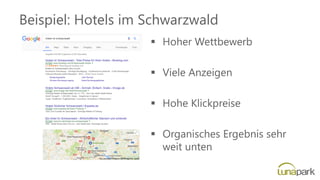 Beispiel: Hotels im Schwarzwald
▪ Hoher Wettbewerb
▪ Viele Anzeigen
▪ Hohe Klickpreise
▪ Organisches Ergebnis sehr
weit unten
 
