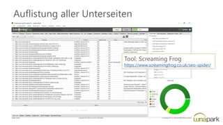 Auflistung aller Unterseiten
Tool: Screaming Frog
https://www.screamingfrog.co.uk/seo-spider/
 