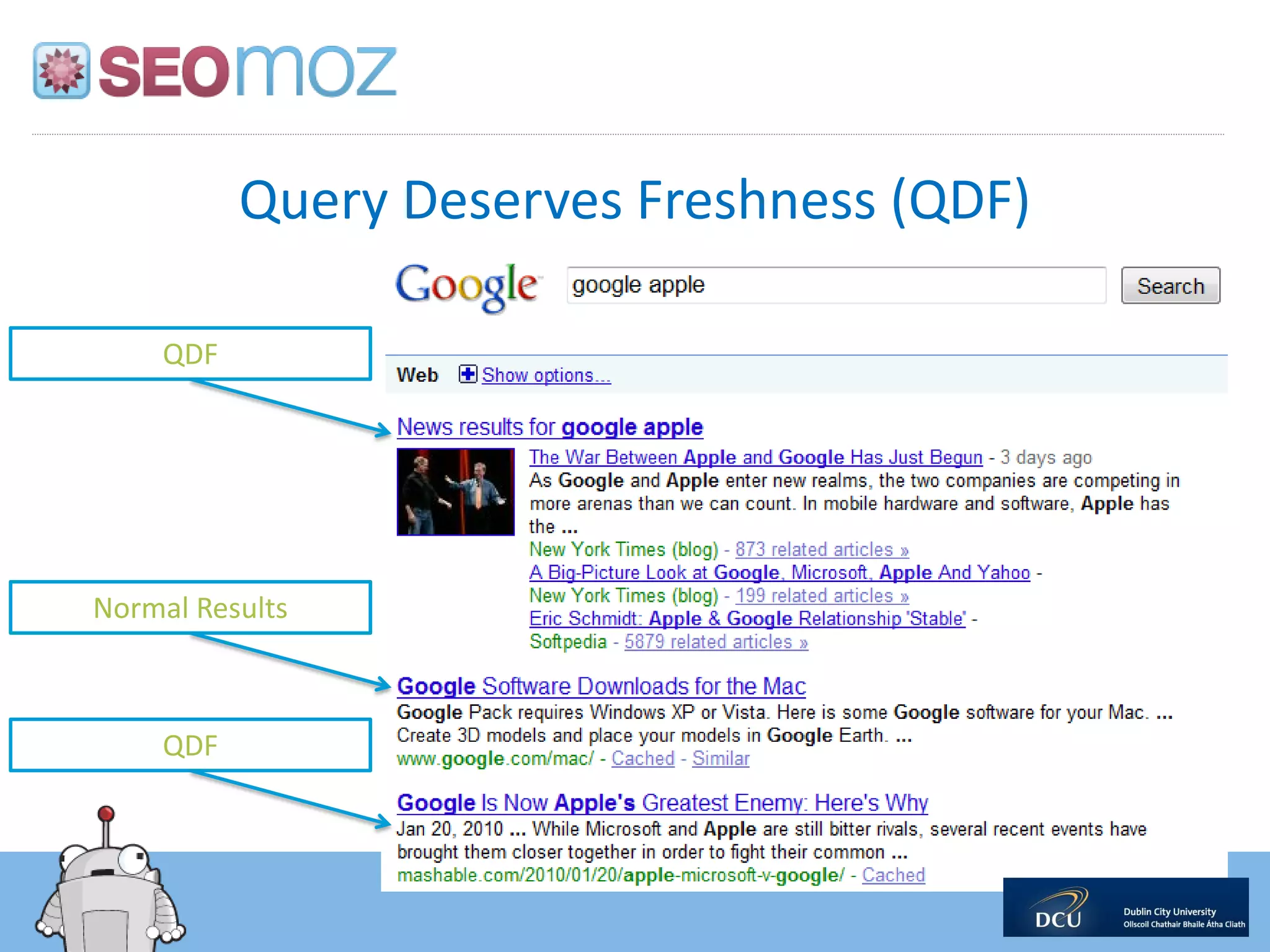 Query Deserves Freshness (QDF)

     QDF




Normal Results



     QDF
 