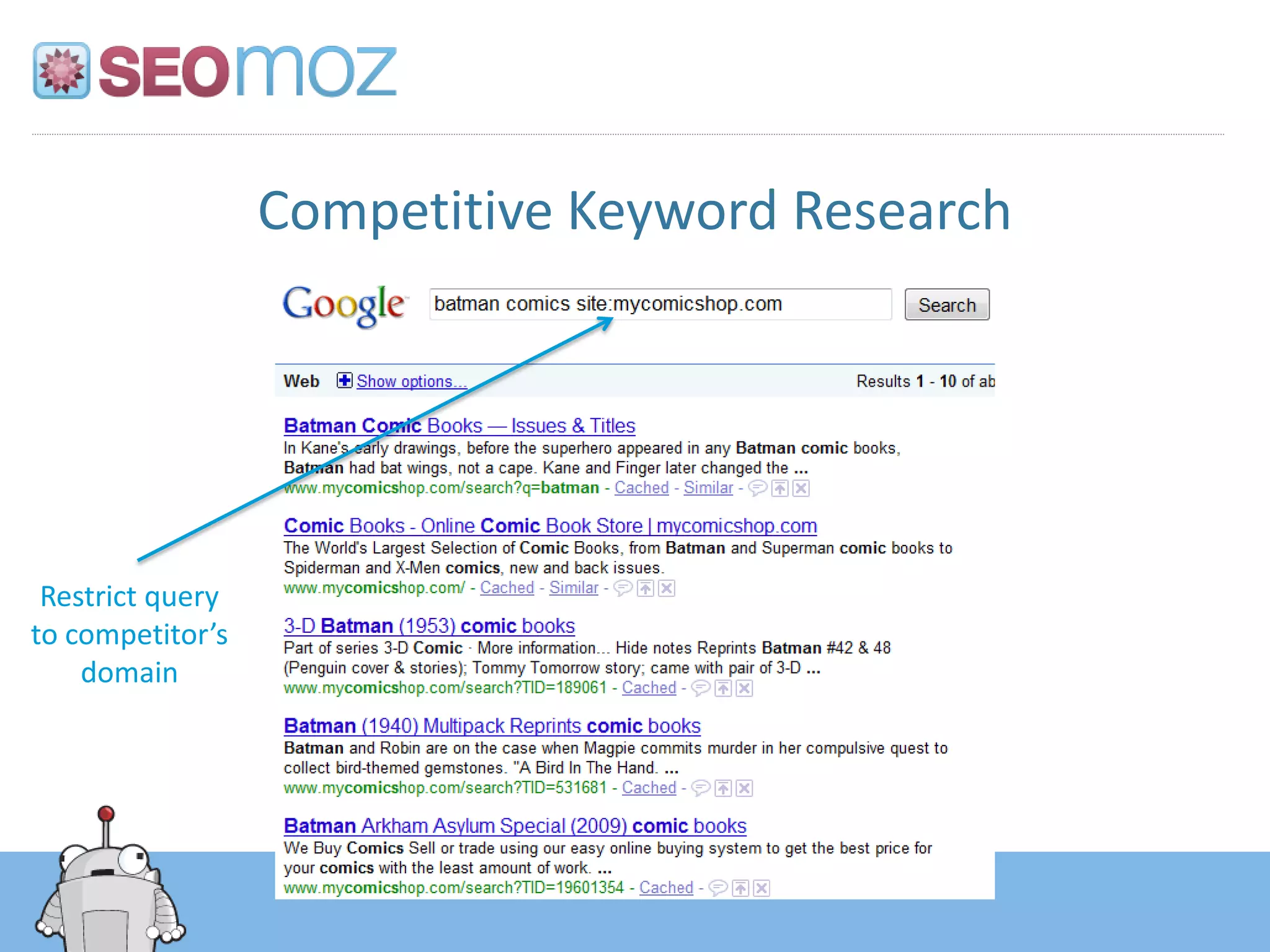 Competitive Keyword Research




 Restrict query
to competitor’s
    domain
 