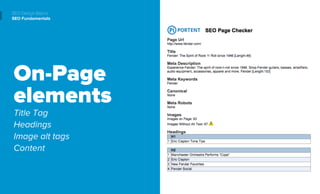 On-Page
elements
Title Tag
Headings
Image alt tags
Content
SEO Design Basics
SEO Fundamentals
 