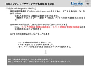 検索エンジンマーケティングの基礎知識 まとめ
SEM (Search Engine Marketing)
目的は目的達成率:ROI (Return On Investment)向上であり、アクセス数の向上や上位
表示ではない
投資した金額に応じた経営的な価値の総額を向上させる
（無駄なアクセスによるサーバ運用コストは低減。ネット利用者の失望感を減少させるこ
と）
SEMの一つの手法としてSEO (Search Engine Optimization)がある
SEOは、サイト内で実施する施策(内的施策)と、サイト外で実施する施策(外的施策)の二種
類の施策を組み合わせて実施する
SEOと検索連動型広告(SA)のバランスは重要
2015/7/25
Copyright © 2007-2015 Bluestar Corporation.
-16-
無駄な検索結果上位表示は、ネット利用者の迷惑となる。
無駄なアクセス数上昇は、顧客ロイヤルティを下げ、迷惑で邪魔な存在となる。
SEOは検索結果の上位表示の施策ではない。
アクセス数を向上させるための施策でもない。
ホームページの存在理由である目的を達成するための施策である。
 