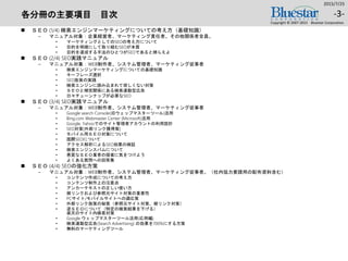 各分冊の主要項目 目次
 ＳＥＯ (1/4) 検索エンジンマーケティングについての考え方（基礎知識）
‒ マニュアル対象：企業経営者、マーケティング責任者、その他関係者全員。
• マーケティングとしてのSEOの考え方について
• 目的を明確にして取り組むSEOが本質
• 目的を達成する手法のひとつがSEOであると捕らえよ
 ＳＥＯ (2/4) SEO実践マニュアル
‒ マニュアル対象：WEB制作者、システム管理者、マーケティング従事者
• 検索エンジンマーケティングについての基礎知識
• キーフレーズ選択
• SEO施策の実践
• 検索エンジンに読み込まれて欲しくない対策
• ＳＥＯと補完関係にある検索連動型広告
• 日々チューンナップが必要なSEO
 ＳＥＯ (3/4) SEO実践マニュアル
‒ マニュアル対象：WEB制作者、システム管理者、マーケティング従事者
• Google search Console(旧ウェッブマスターツール)活用
• Bing.com Webmaster Center (Microsoft)活用
• Google, Yahooでのサイト管理者アカウントの利用設計
• SEO対策[外部リンク獲得策]
• モバイル用ＳＥＯ対策について
• 国際SEOについて
• アクセス解析によるSEO効果の検証
• 検索エンジンスパムについて
• 悪質なＳＥＯ業者の提案に気をつけよう
• よくある質問への回答集
 ＳＥＯ (4/4) SEOの強化方策
‒ マニュアル対象：WEB制作者、システム管理者、マーケティング従事者。（社内協力要請用の配布資料含む）
• コンテンツ作成についての考え方
• コンテンツ制作上の注意点
• アンカーテキストの正しい使い方
• 被リンクおよび参照元サイト対策の重要性
• PCサイト/モバイルサイトへの適応策
• 外部リンク施策の秘策（参照元サイト対策、被リンク対策）
• 逆ＳＥＯについて（特定の検索結果を下げる）
楽天のサイト内検索対策
• Google ウェッブマスターツール活用(応用編)
• 検索連動型広告(Search Advertising) の効果を700%にする方策
• 無料のマーケティングツール
2015/7/25
Copyright © 2007-2015 Bluestar Corporation.
-3-
 