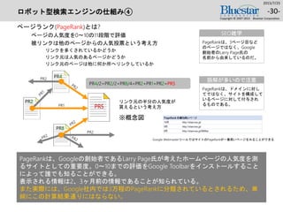 ロボット型検索エンジンの仕組み④
ページランク(PageRank)とは?
ページの人気度を0～10の11段階で評価
被リンクは他のページからの人気投票という考え方
リンクを多くされているかどうか
リンク元は人気のあるページかどうか
リンク元のページは他に何か所へリンクしているか
2015/7/25
Copyright © 2007-2015 Bluestar Corporation.
-30-
PR4
PR8
PR2
PR2
PR1
PR2
PR5
※概念図
PageRankは、3ページ目など
のページではなく、Google
創始者のLarry Page氏の
名前から由来しているのだ。
SEO雑学
PageRankは、ドメインに対し
てではなく、サイトを構成して
いるページに対して付与され
るものである。
誤解が多いので注意
PR4/2+PR2/2+PR8/4=PR2+PR1+PR2=PR5
Google WebmasterツールではサイトのPageRankが一番高いページをみることができる
PageRankは、Googleの創始者であるLarry Page氏が考えたホームページの人気度を測
るサイトとしての重要度。0～10までの評価をGoogle Toolbarをインストールすること
によって誰でも知ることができる。
表示される情報は2、3ヶ月前の情報であることが知られている。
また実際には、Google社内では3万程のPageRankに分類されているとされるため、単
純にこの計算結果通りにはならない。
リンク元の半分の人気度が
貰えるという考え方
 