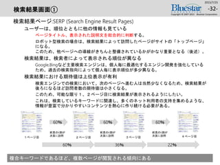 検索結果画面①
検索結果ページ:SERP (Search Engine Result Pages)
ユーザーは、順位とともに他の情報も見ている
ページタイトル、表示された説明文を総合的に判断する。
ロボット型検索の場合は、検索結果によって訪問したページがサイトの「トップページ」
になる。
このため、他ページへの導線がきちんと整備されているかがかなり重要となる（後述）。
検索結果は、検索者によって表示される順位が異なる
Google,Bingなど主要検索エンジンは、個人毎に最適化するエンジン開発を強化している
ため、過去の検索指向によって個人毎に表示順位が多少異なる。
検索結果における期待値は上位表示が有利
検索エンジンでの検索において、次のページへ進む人は当然少なくなるため、検索結果が
後ろになるほど訪問者数の期待値は小さくなる。
このため、可能な限り１、２ページ目に検索結果が表示されるようにしたい。
これは、検索しているキーワードに関連し、多くのネット利用者の支持を集めるような、
情報が豊富で分かりやすいコンテンツを熱心に作り続ける必要がある。
2015/7/25
Copyright © 2007-2015 Bluestar Corporation.
-32-
複合キーワードであるほど、複数ページが閲覧される傾向にある
１ページ目 ２ページ目
前頁の6割が
次頁に訪問
３ページ目 ４ページ目
60％
前頁の6割が
次頁に訪問
60％
前頁の6割が
次頁に訪問
60％
60％ 36％ 22％
 