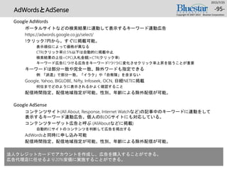 AdWordsとAdSense
Google AdWords
ポータルサイトなどの検索結果に連動して表示するキーワード連動広告
https://adwords.google.co.jp/select/
1クリック7円から。すぐに掲載可能。
表示順位によって価格が異なる
CTR(クリック率)0.5%以下は自動的に掲載中止
検索結果の上位=CPC(入札金額)×CTR(クリック率)
キーワード広告につける広告をキーワード1つ1つに変化させクリック率上昇を狙うことが重要
キーワードは部分一致や完全一致、除外ワードも指定できる
例: 「派遣」で部分一致、「イラク」や「自衛隊」を含まない
Google, Yahoo, BIGLOBE, Nifty, Infoseek, OCN, 日経NETに掲載
何位までどのように表示されるかよく確認すること
配信時間指定、配信地域指定が可能。性別、年齢による除外配信が可能。
Google AdSense
コンテンツサイト(All About, Response, Internet Watchなど)の記事中のキーワードに連動をして
表示するキーワード連動広告。個人のBLOGサイトにも対応している。
コンテンツターゲット広告と呼ぶ (AllAboutなどに掲載)
自動的にサイトのコンテンツを判断して広告を掲出する
AdWordsと同時に申し込み可能
配信時間指定、配信地域指定が可能。性別、年齢による除外配信が可能。
2015/7/25
Copyright © 2007-2015 Bluestar Corporation.
-95-
法人クレジットカードでアカウントを作成し、広告を購入することができる。
広告代理店に任せるより20%安価に実施することができる。
 