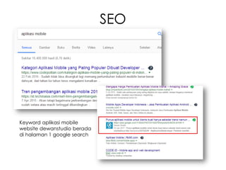 Keyword aplikasi mobile
website dewanstudio berada
di halaman 1 google search
SEO
 