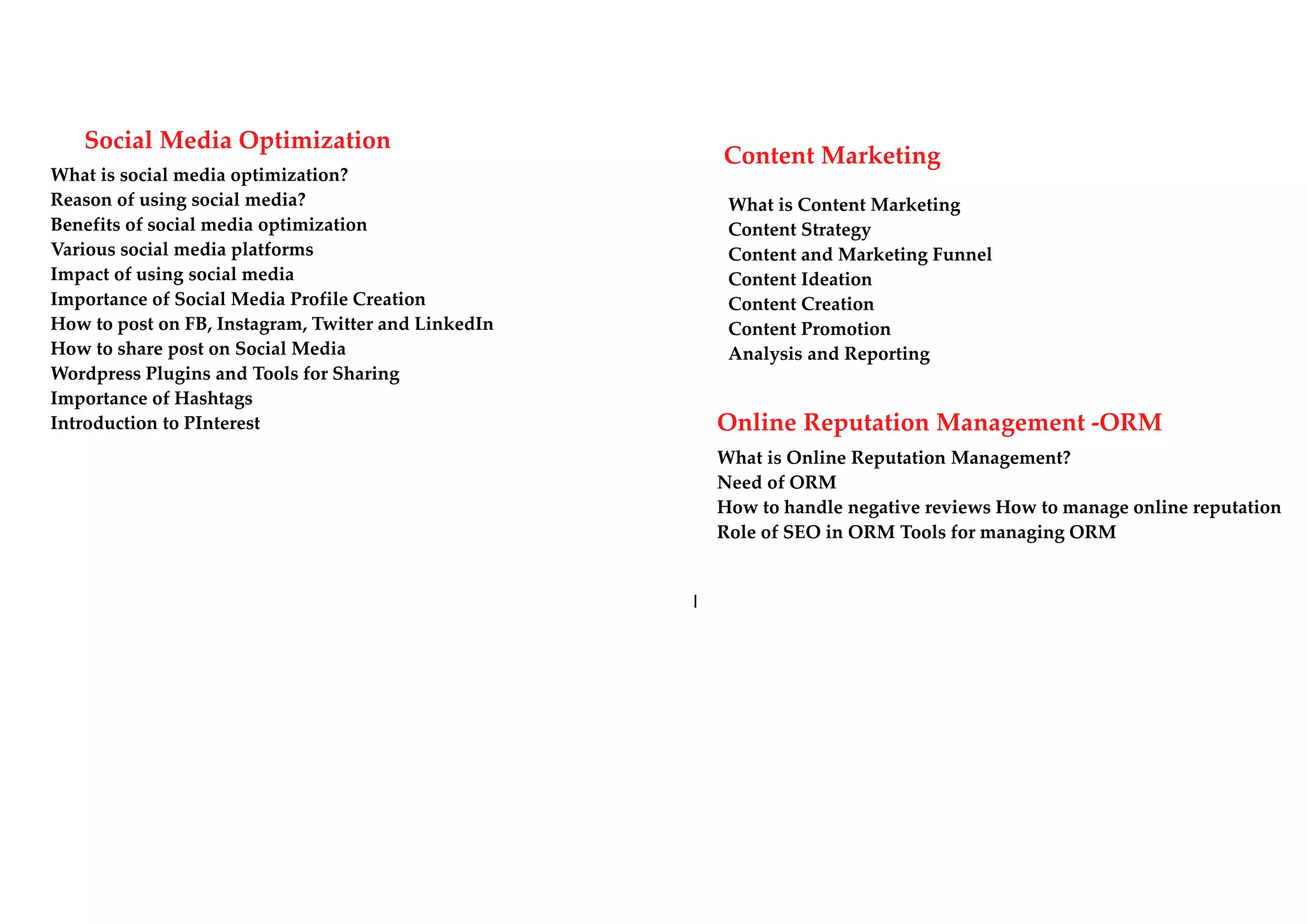 Social Media Optimization
Content Marketing
What is social media optimization?
Reason of using social media?
Benefits of social media optimization
Various social media platforms
Impact of using social media
Importance of Social Media Profile Creation
How to post on FB, Instagram, Twitter and LinkedIn
How to share post on Social Media
Wordpress Plugins and Tools for Sharing
Importance of Hashtags
Introduction to PInterest
What is Content Marketing
Content Strategy
Content and Marketing Funnel
Content Ideation
Content Creation
Content Promotion
Analysis and Reporting
Online Reputation Management -ORM
What is Online Reputation Management?
Need of ORM
How to handle negative reviews How to manage online reputation
Role of SEO in ORM Tools for managing ORM
I
 
