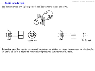 Seção fora da vista
Desenho técnico mecânico
são semelhantes, em alguns pontos, aos desenhos técnicos em corte.
Semelhanças: Em ambos os casos imaginaram-se cortes na peça; eles apresentam indicação
do plano de corte e as partes maciças atingidas pelo corte são hachuradas.
 