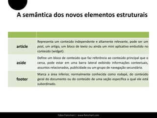 A semântica dos novos elementos estruturais


          Representa um conteúdo independente e altamente relevante, pode ser um
article   post, um artigo, um bloco de texto ou ainda um mini aplicativo embutido no
          conteúdo (widget).
          Define um bloco de conteúdo que faz referência ao conteúdo principal que o
aside     cerca, pode estar em uma barra lateral exibindo informações contextuais,
          assuntos relacionados, publicidade ou um grupo de navegação secundária.
          Marca a área inferior, normalmente conhecida como rodapé, do conteúdo
footer    geral do documento ou do conteúdo de uma seção específica a qual ele está
          subordinado.




                       Fábio Flatschart | www.flatschart.com
 
