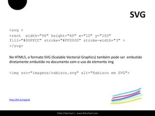SVG
<svg >
<rect width="90" height="60" x="10" y="100"
fill="#00FFCC" stroke="#FF0000" stroke-width="3" >
</svg>

No HTML5, o formato SVG (Scalable Vectorial Graphics) também pode ser embutido
diretamente embutido no documento com o uso do elemento img

<img src="imagens/rabisco.svg" alt="Rabisco em SVG">




http://bit.ly/rqqZuK




                            Fábio Flatschart | www.flatschart.com
 