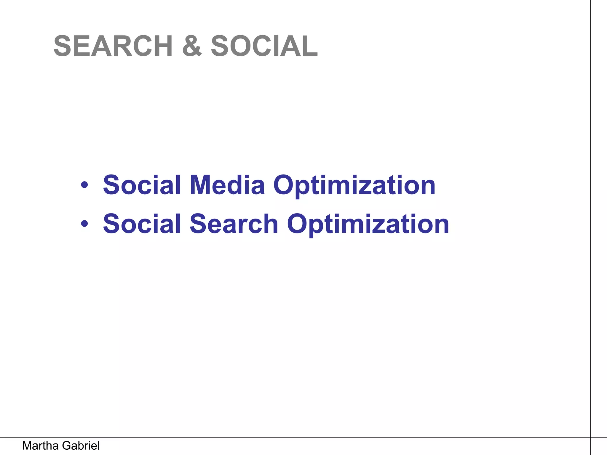 SEARCH & SOCIAL



          • Social Media Optimization
          • Social Search Optimization




Martha Gabriel
 