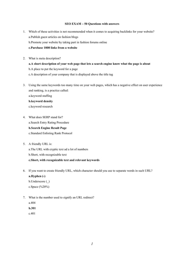 SEO exam 50 Questions with answers PDF