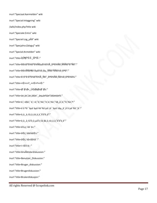 All rights Reserved @ Scrapelink.com
Page 17
inurl:”Speciaal:Aanmelden” wiki
inurl:”Special:Inloggning” wiki
/wiki/index.php?title wiki
inurl:”Speciale:Entra” wiki
inurl:”Speciel:Log_pÃ¥” wiki
inurl:”Specjalna:Zaloguj” wiki
inurl:”Spezial:Anmelden” wiki
inurl:”title=Î£ÏÎ¶Î®ÏÎ·ÏÎ·_ÏÏÎ®ÏÏÎ·:”
inurl:”title=ÐÐ±Ð³Ð¾Ð²Ð¾ÑÐµÐ½Ð½Ñ_ÐºÐ¾ÑÐ¸ÑÑÑÐ²Ð°ÑÐ°:”
inurl:”title=ÐÐ±ÑÑÐ¶Ð´ÐµÐ½Ð¸Ðµ_ÑÑÐ°ÑÑÐ½Ð¸ÐºÐ°:”
inurl:”title=Ð Ð°Ð·Ð³Ð¾Ð²Ð¾Ñ_ÑÐ°_ÐºÐ¾ÑÐ¸ÑÐ½Ð¸ÐºÐ¾Ð¼:”
inurl:”title=×©×××ª_××©×ª××©:”
inurl:”title=Ø¨Ø­Ø«_Ú©Ø§Ø±Ø¨Ø±:”
inurl:”title=à¤¸à¤¦à¤¸à¥à¤¯_à¤µà¤¾à¤°à¥à¤¤à¤¾:”
inurl:”title=à¦¬à§à¦¯à¦¬à¦¹à¦¾à¦°à¦à¦¾à¦°à§_à¦à¦²à¦¾à¦ª:”
inurl:”title=à´à´ªà´¯àµà´àµà´¤à´¾à´µà´¿à´¨àµà´±àµ_à´¸à´à´µà´¾à´¦à´:”
inurl:”title=à¸à¸¸à¸¢à¸à¸±à¸à¸à¸¹à¹à¹à¸à¹:”
inurl:”title=à¸à¸¸à¸¢à¹à¸à¸µà¹à¸¢à¸§à¸à¸±à¸à¸à¸¹à¹à¹à¸à¹:”
inurl:”title=ä½¿ç¨èè¨è«:”
inurl:”title=å©ç¨èâä¼è©±:”
inurl:”title=å©ç¨èã»ãã¼ã¯:”
inurl:”title=ì¬ì©ìí ë¡ :”
inurl:”title=AnvÃ¤ndardiskussion:”
inurl:”title=Benutzer_Diskussion:”
inurl:”title=Bruger_diskussion:”
inurl:”title=Brugerdiskussion:”
inurl:”title=Brukerdiskusjon:”
 