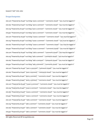 All rights Reserved @ Scrapelink.com
Page 39
keyword “wiki” (site:.edu)
Drupal footprints
site:com “Powered by drupal” inurl:blog “post a comment” -”comments closed” -”you must be logged in”
site:edu “Powered by drupal” inurl:blog “post a comment” -”comments closed” -”you must be logged in”
site:org “Powered by drupal” inurl:blog “post a comment” -”comments closed” -”you must be logged in”
site:gov “Powered by drupal” inurl:blog “post a comment” -”comments closed” -”you must be logged in”
site:com “Powered by drupal” inurl:blog “Leave a comment” -”comments closed” -”you must be logged in”
site:org “Powered by drupal” inurl:blog “Leave a comment” -”comments closed” -”you must be logged in”
site:edu “Powered by drupal” inurl:blog “Leave a comment” -”comments closed” -”you must be logged in”
site:gov “Powered by drupal” inurl:blog “Leave a comment” -”comments closed” -”you must be logged in”
site:com “Powered by drupal” inurl:blog “add a comment” -”comments closed” -”you must be logged in”
site:org “Powered by drupal” inurl:blog “add a comment” -”comments closed” -”you must be logged in”
site:edu “Powered by drupal” inurl:blog “add a comment” -”comments closed” -”you must be logged in”
site:gov “Powered by drupal” inurl:blog “add a comment” -”comments closed” -”you must be logged in”
site:com “Powered by drupal” “post a comment” -”comments closed” -”you must be logged in”
site:edu “Powered by drupal” “post a comment” -”comments closed” -”you must be logged in”
site:org “Powered by drupal” “post a comment” -”comments closed” -”you must be logged in”
site:gov “Powered by drupal” “post a comment” -”comments closed” -”you must be logged in”
site:com “Powered by drupal” “Leave a comment” -”comments closed” -”you must be logged in”
site:org “Powered by drupal” “Leave a comment” -”comments closed” -”you must be logged in”
site:edu “Powered by drupal” “Leave a comment” -”comments closed” -”you must be logged in”
site:gov “Powered by drupal” “Leave a comment” -”comments closed” -”you must be logged in”
site:com “Powered by drupal” “add a comment” -”comments closed” -”you must be logged in”
site:org “Powered by drupal” “add a comment” -”comments closed” -”you must be logged in”
site:edu “Powered by drupal” “add a comment” -”comments closed” -”you must be logged in”
site:gov “Powered by drupal” “add a comment” -”comments closed” -”you must be logged in”
 