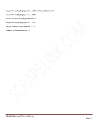 All rights Reserved @ Scrapelink.com
Page 45
site:gov “Powered by BlogEngine.NET 1.4.5.0” inurl:blog “add a comment”
site:edu “Powered by BlogEngine.NET 1.4.5.0″
site:com “Powered by BlogEngine.NET 1.4.5.0″
site:gov “Powered by BlogEngine.NET 1.4.5.0″
site:org “Powered by BlogEngine.NET 1.4.5.0″
“Powered by BlogEngine.NET 1.4.5.0”
 