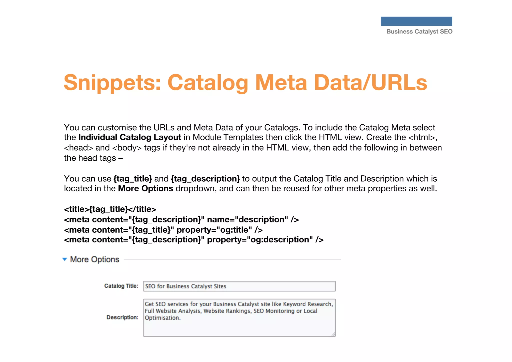Business Catalyst SEO

Snippets: Catalog Meta Data/URLs
You can customise the URLs and Meta Data of your Catalogs. To include the Catalog Meta select
the Individual Catalog Layout in Module Templates then click the HTML view. Create the <html>,
<head> and <body> tags if they're not already in the HTML view, then add the following in between
the head tags – 

You can use {tag_title} and {tag_description} to output the Catalog Title and Description which is
located in the More Options dropdown, and can then be reused for other meta properties as well.

<title>{tag_title}</title>
<meta content="{tag_description}" name="description" />
<meta content="{tag_title}" property="og:title" />
<meta content="{tag_description}" property="og:description" />

 