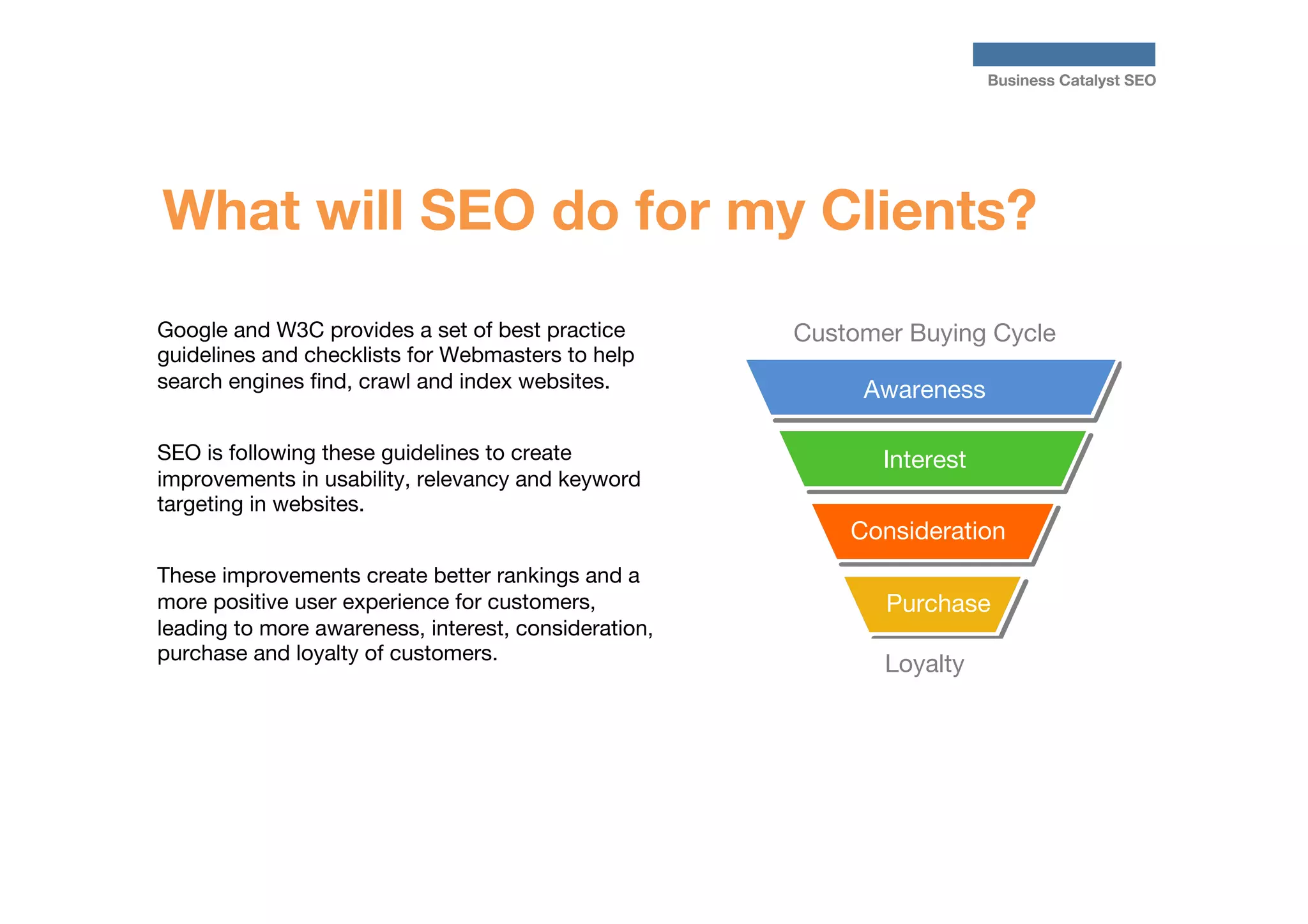 Business Catalyst SEO

What will SEO do for my Clients?
Google and W3C provides a set of best practice
guidelines and checklists for Webmasters to help
search engines ﬁnd, crawl and index websites.

Customer Buying Cycle
Awareness


SEO is following these guidelines to create
improvements in usability, relevancy and keyword
targeting in websites. 

These improvements create better rankings and a
more positive user experience for customers,
leading to more awareness, interest, consideration,
purchase and loyalty of customers. 



Purchase
Interest
Consideration
Purchase
Loyalty

 
