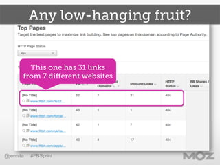 Any low-hanging fruit? 
This one has 31 links 
from 7 different websites 
@jennita #FBSprint 
 