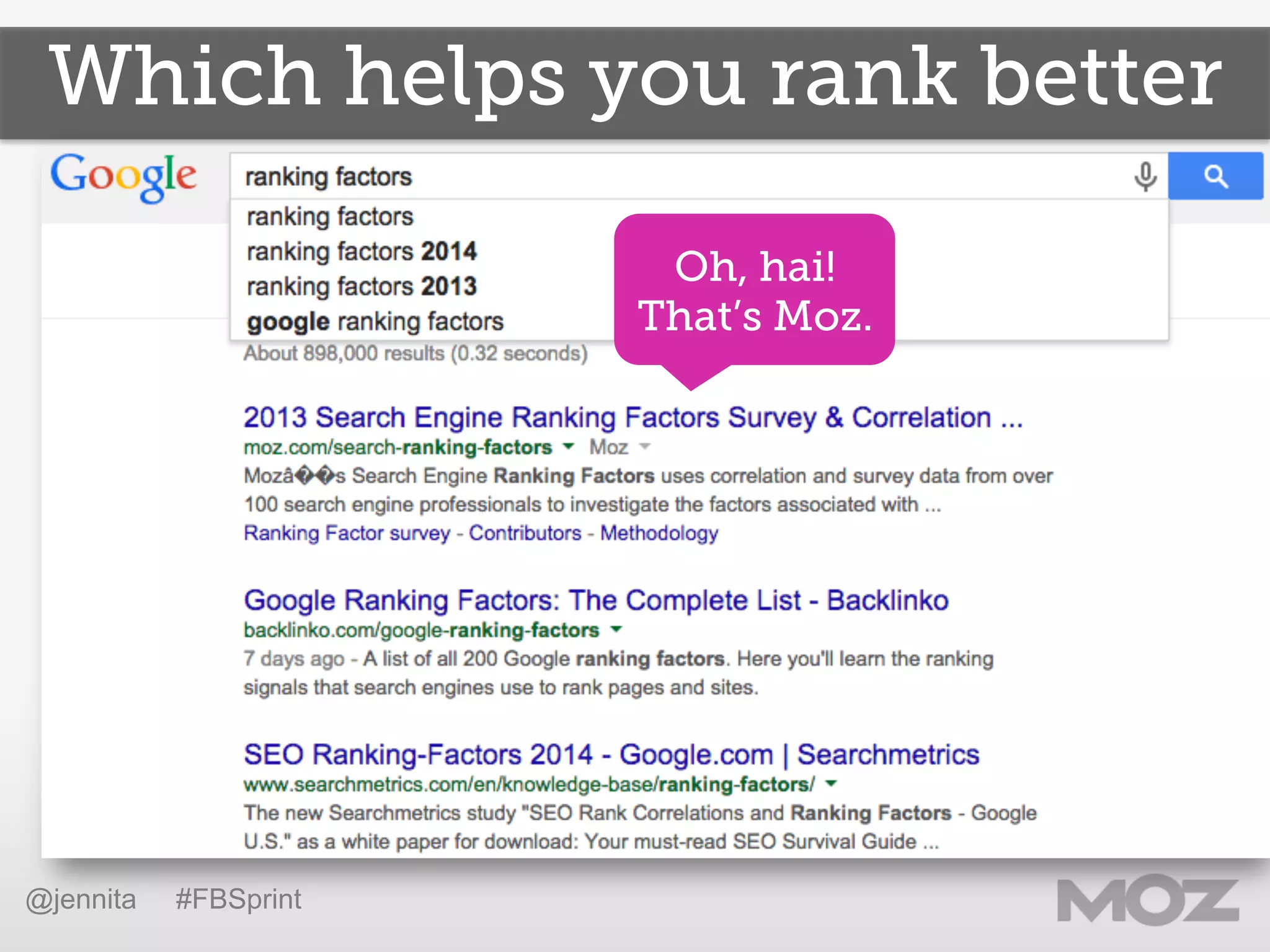 Which helps you rank better
@jennita #FBSprint
Oh, hai!
That’s Moz.
 