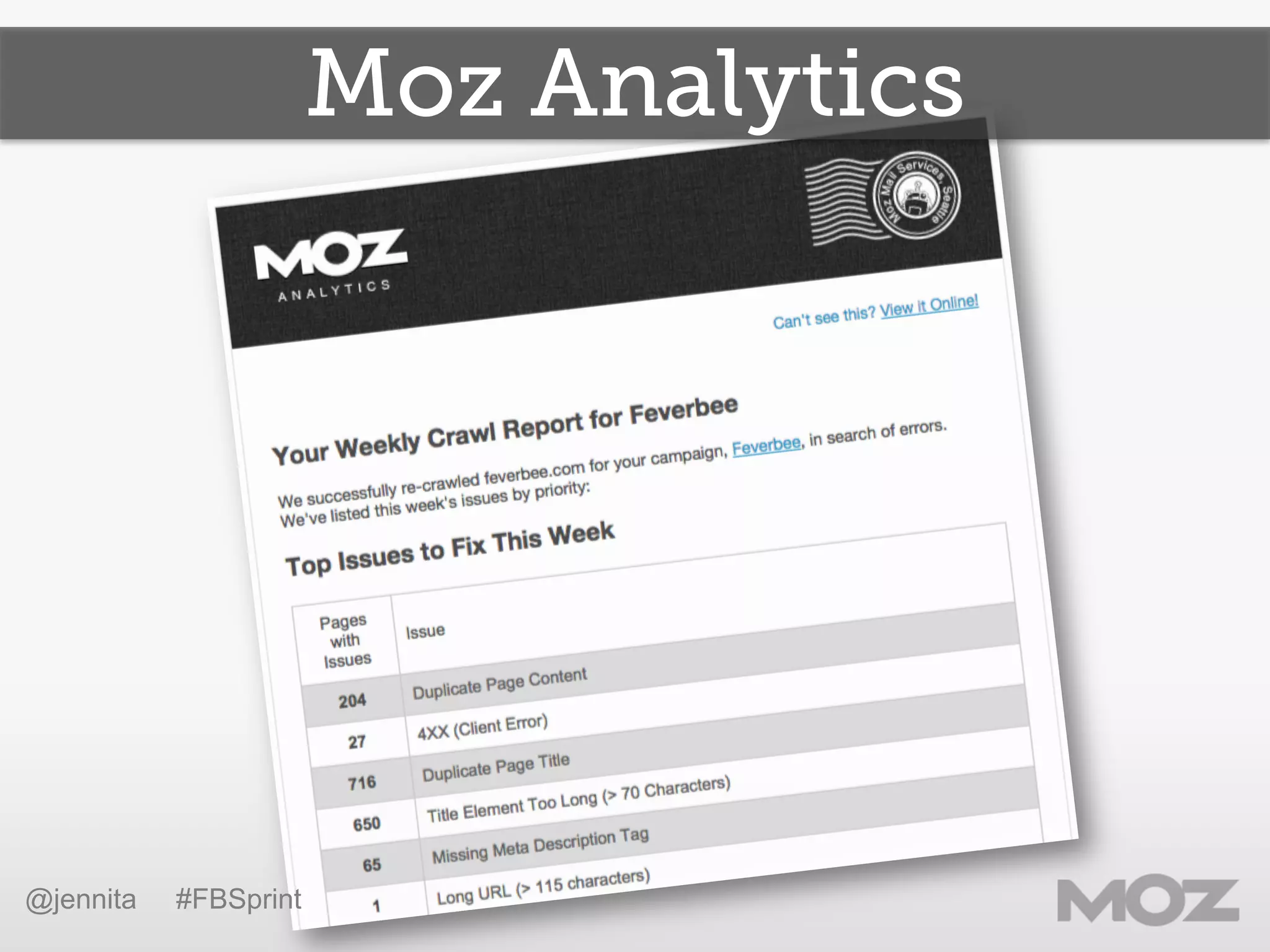 Moz Analytics
@jennita #FBSprint
 