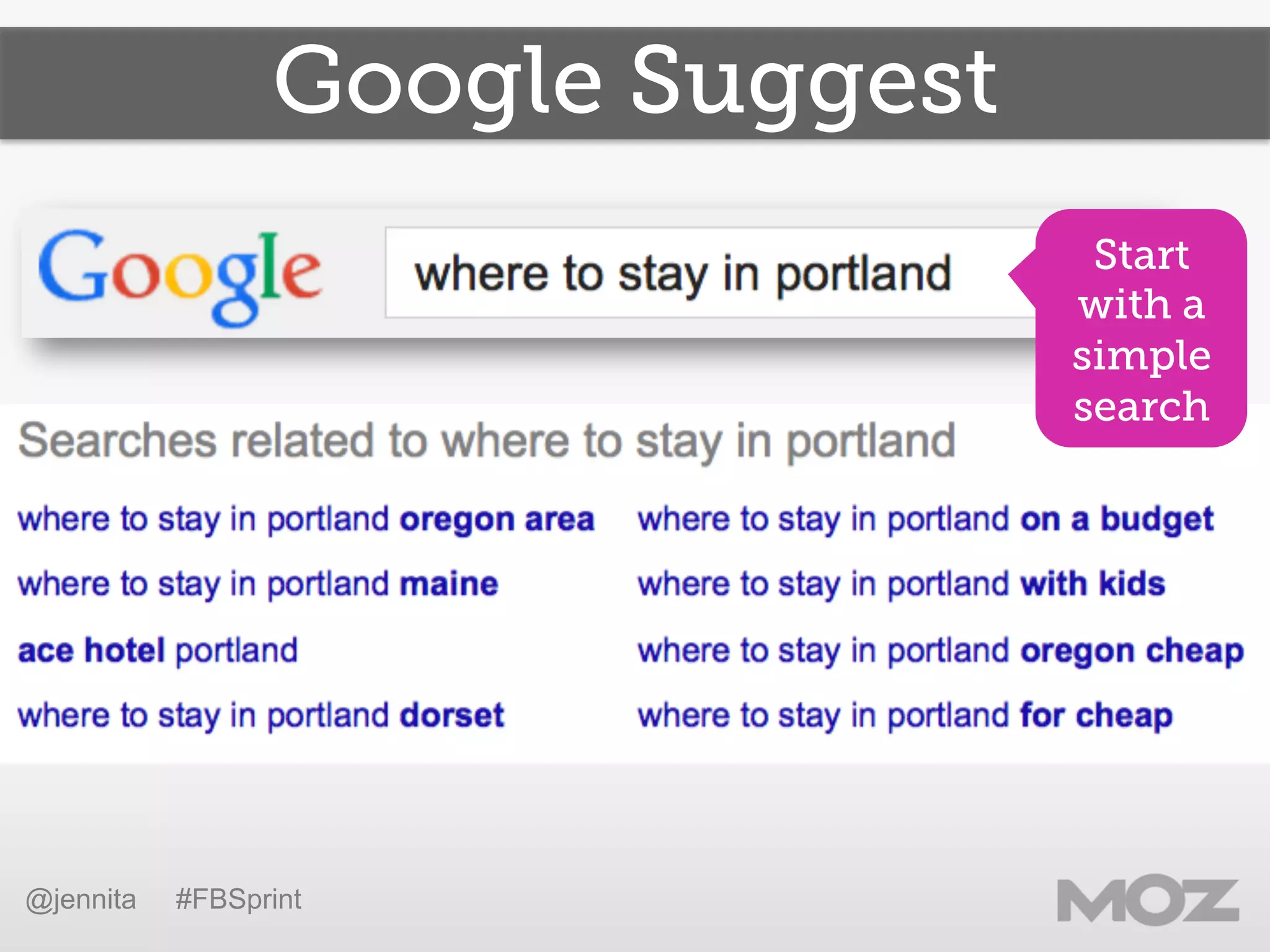Google Suggest
Start
with a
simple
search
@jennita #FBSprint
 