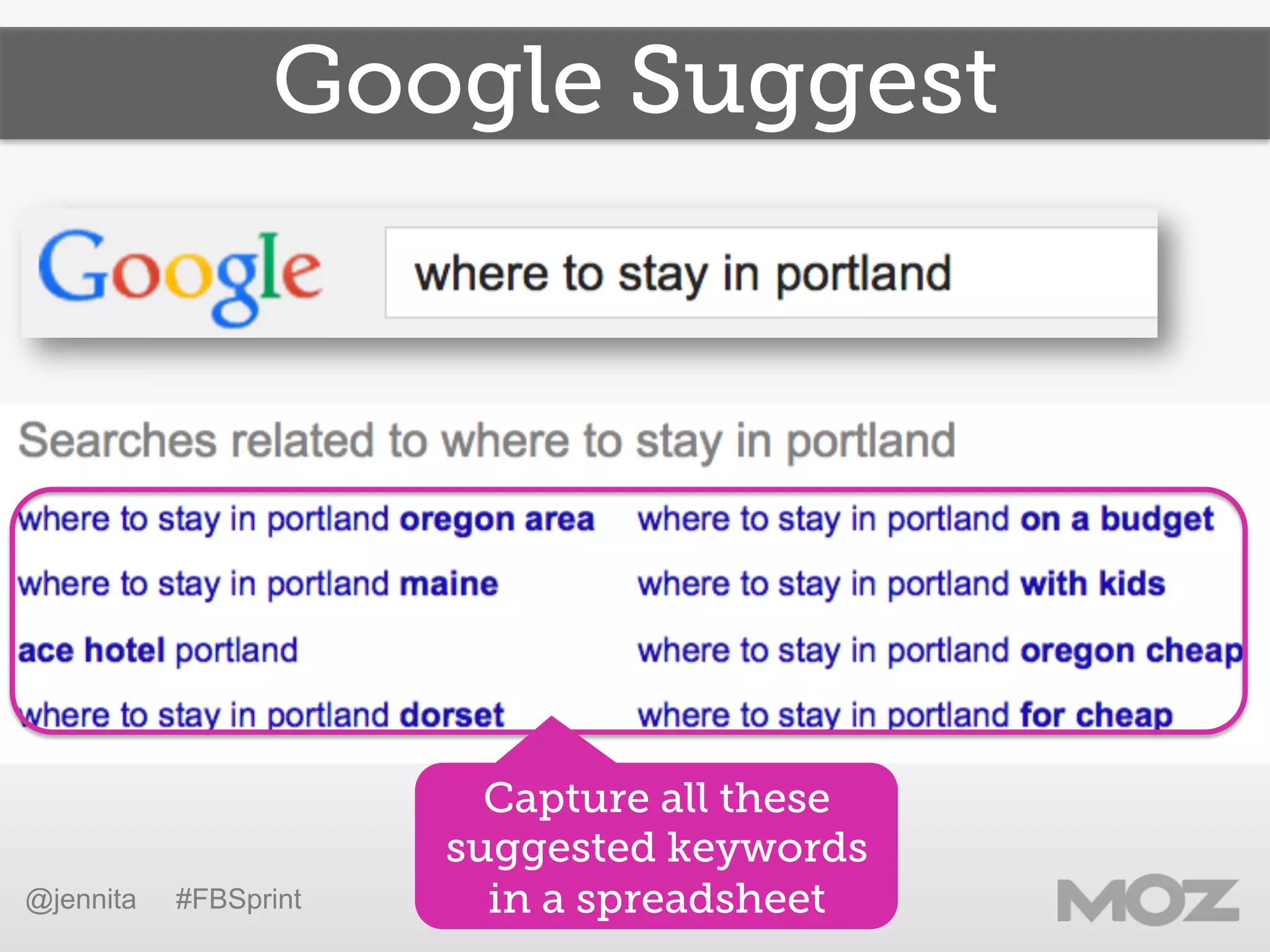 Google Suggest
Capture all these
suggested keywords
in a spreadsheet@jennita #FBSprint
 