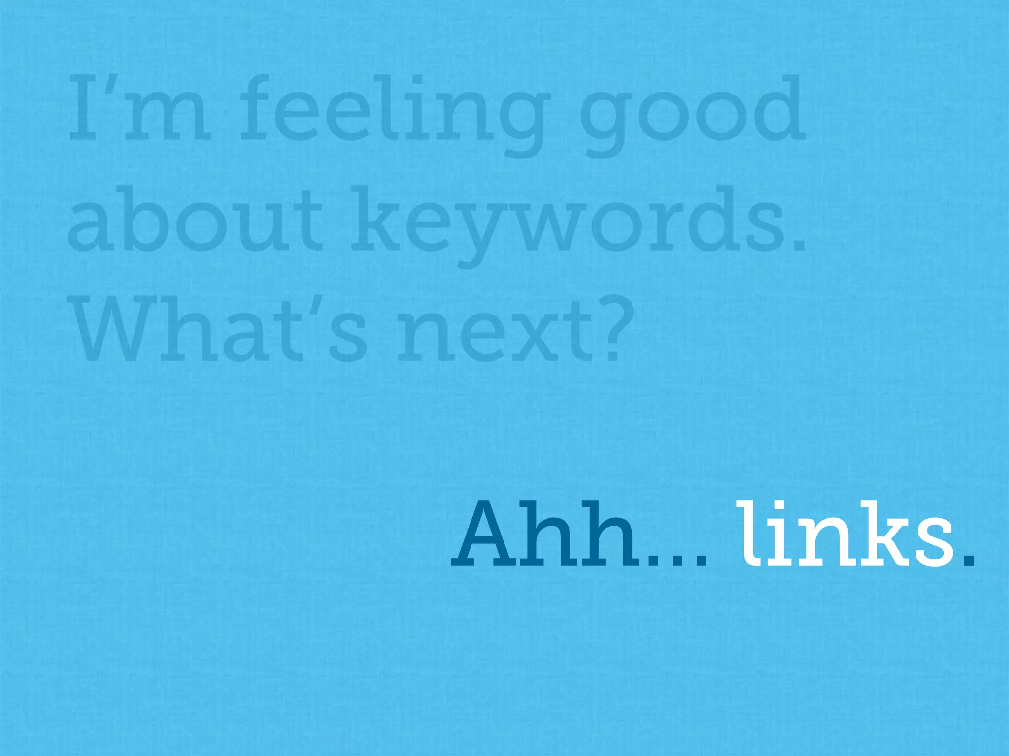 Ahh… links.
I’m feeling good
about keywords.
What’s next?
 