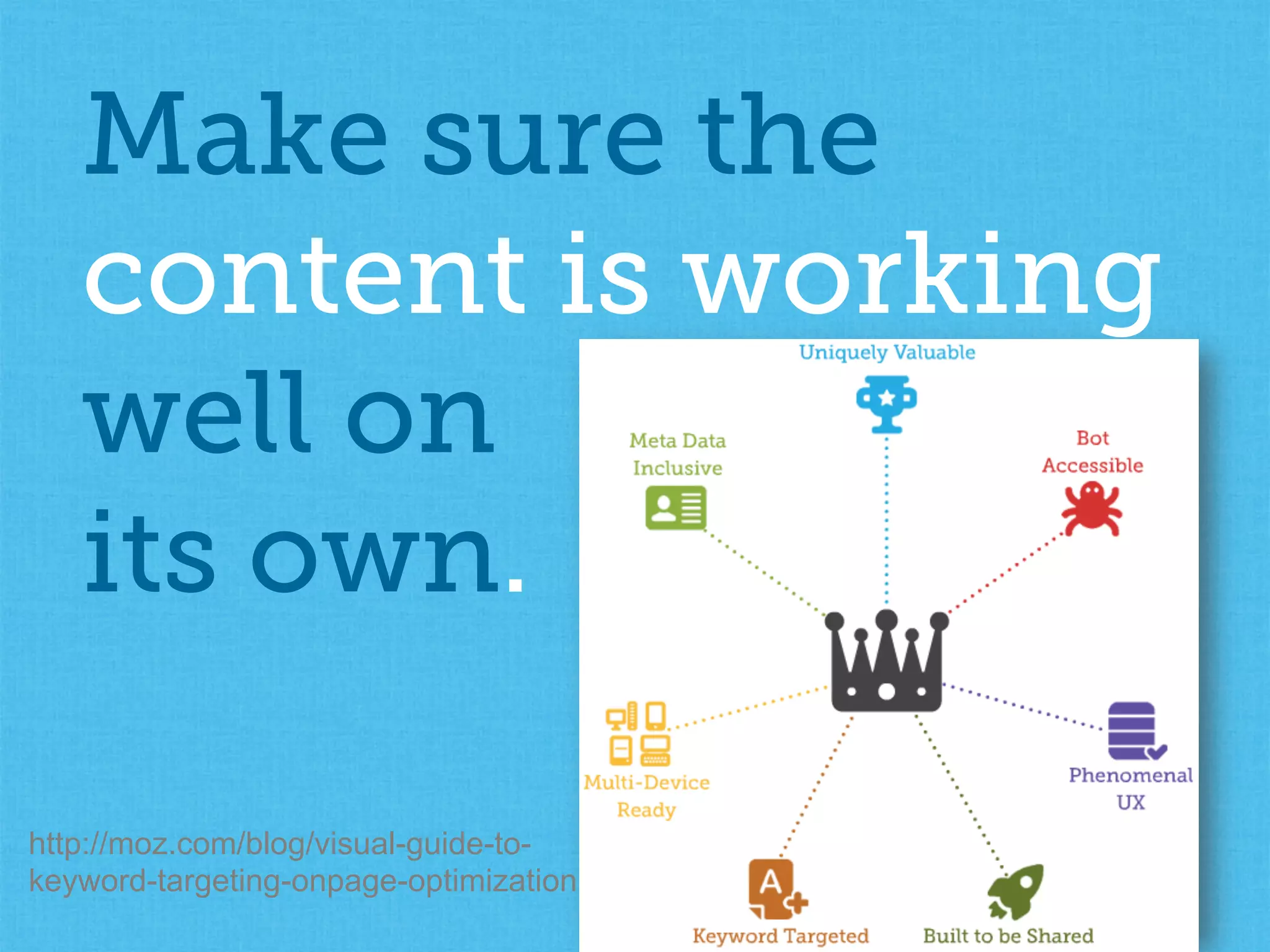 Make sure the
content is working
well on
its own.
http://moz.com/blog/visual-guide-to-
keyword-targeting-onpage-optimization
 