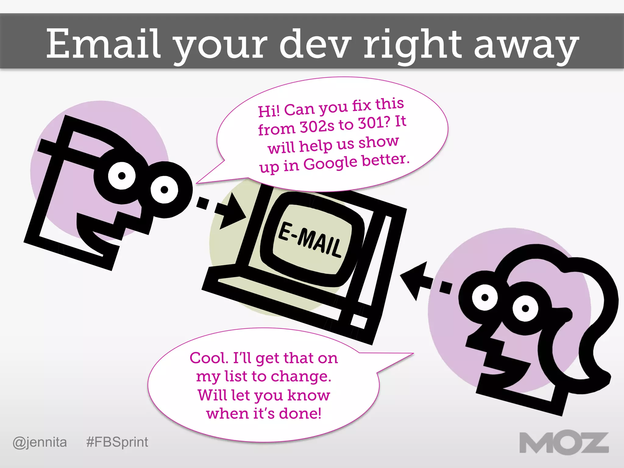 Email your dev right away
Hi! Can you ﬁx this
from 302s to 301? It
will help us show
up in Google better.
Cool. I’ll get that on
my list to change.
Will let you know
when it’s done!
@jennita #FBSprint
 