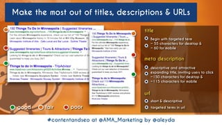 #contentandseo at @AMA_Marketing by @aleyda#seoforcontent AT #confabEU BY @aleyda FROM @orainti#contentandseo at @AMA_Marketing by @aleyda
Make the most out of titles, descriptions & URLs
title
good poor
meta description
url
fair
Begin with targeted term
~ 55 characters for desktop &  
~ 60 for mobile
descriptive and attractive  
expanding title, inviting users to click
~150 characters for desktop &  
~115 characters for mobile
short & descriptive
targeted terms in url
 