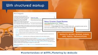 #contentandseo at @AMA_Marketing by @aleyda#seoforcontent AT #confabEU BY @aleyda FROM @orainti
With structured markup
#contentandseo at @AMA_Marketing by @aleyda
PRODUCTS, RECIPES, REVIEWS, EVENTS,
APPS, VIDEOS, ORGANIZATIONS
 