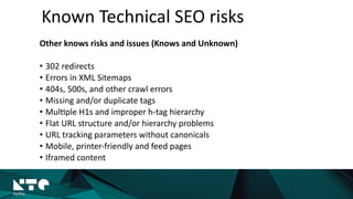 Known	
  Technical	
  SEO	
  risks
Other	
  knows	
  risks	
  and	
  issues	
  (Knows	
  and	
  Unknown)	
  
• 302	
  redirects	
  
• Errors	
  in	
  XML	
  Sitemaps	
  
• 404s,	
  500s,	
  and	
  other	
  crawl	
  errors	
  
• Missing	
  and/or	
  duplicate	
  tags	
  
• Mul?ple	
  H1s	
  and	
  improper	
  h-­‐tag	
  hierarchy	
  
• Flat	
  URL	
  structure	
  and/or	
  hierarchy	
  problems	
  
• URL	
  tracking	
  parameters	
  without	
  canonicals	
  
• Mobile,	
  printer-­‐friendly	
  and	
  feed	
  pages	
  
• Iframed	
  content	
  
 