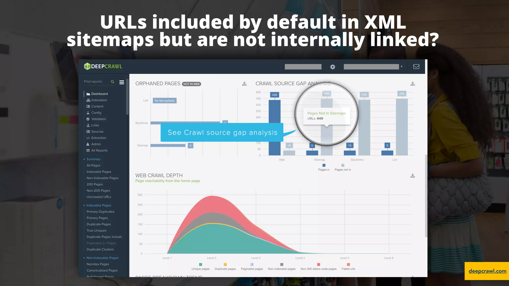 #ecommerceseo at #searchleeds by @aleyda from @orainti
URLs included by default in XML
sitemaps but are not internally linked?
deepcrawl.com#ecommerceseo at #searchleeds by @aleyda from @orainti
 