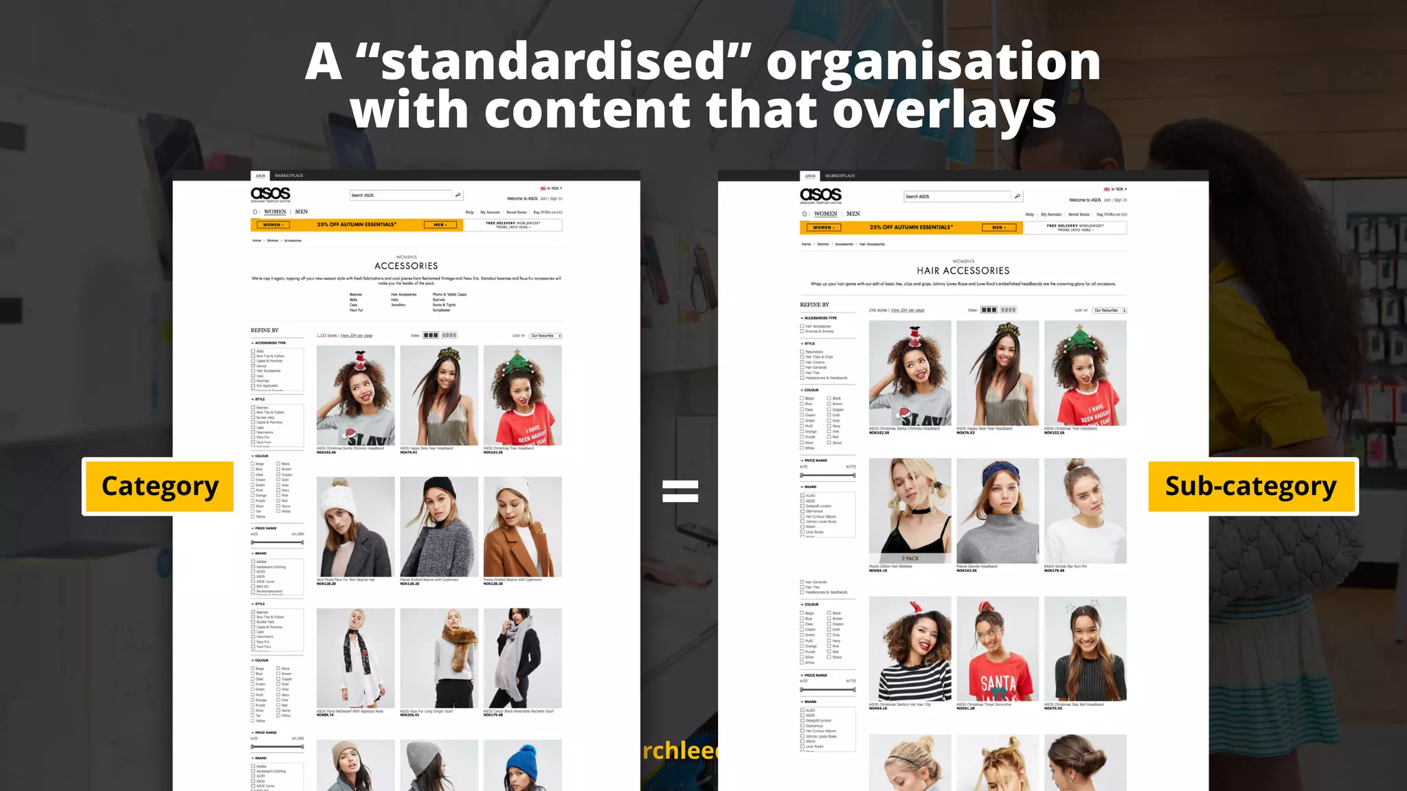 #ecommerceseo at #searchleeds by @aleyda from @orainti
A “standardised” organisation  
with content that overlays
#ecommerceseo at #searchleeds by @aleyda from @orainti
Category Sub-category
=
 