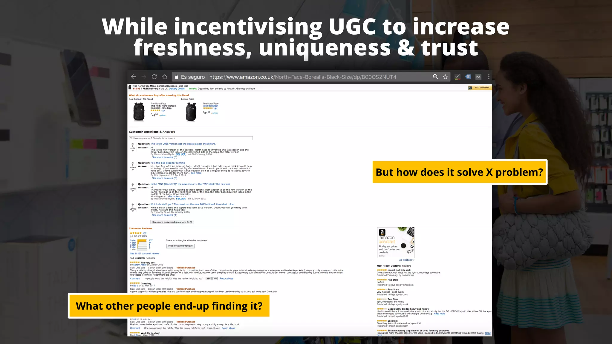#ecommerceseo at #searchleeds by @aleyda from @orainti
While incentivising UGC to increase  
freshness, uniqueness & trust
#ecommerceseo at #searchleeds by @aleyda from @orainti
But how does it solve X problem?
What other people end-up finding it?
 