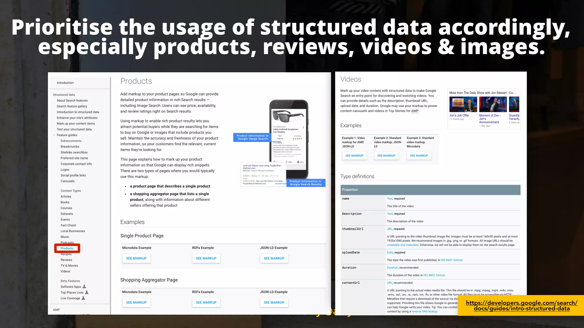 #ecommerceseo at #searchleeds by @aleyda from @orainti#ecommerceseo at #searchleeds by @aleyda from @orainti
Prioritise the usage of structured data accordingly,
especially products, reviews, videos & images.
https://developers.google.com/search/
docs/guides/intro-structured-data
 