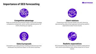 Importance of SEO forecasting
Competitive advantage
Helps you showcase the potential impact of your SEO strategy
compared to competitors, which can be a deciding factor for
clients choosing your agency.
Client relations
Presenting an SEO forecast builds trust with clients by
demonstrating a data-driven approach and setting realistic
expectations about future results.
Sales & proposals
Strengthen your sales pitch by including an SEO forecast that
showcases the predicted impact on the client's business.
Realistic expectations
SEO forecasting helps avoid setting unrealistic expectations
with clients by providing a data-driven projection of future
results.
 
