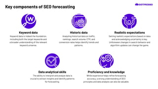 Data analytical skills
The ability to interpret and analyze data is
crucial to extract insights and identify patterns
for forecasting.
Keyword data
Keyword data is indeed the foundation,
including both the target keywords and
a broader understanding of the relevant
keyword universe.
”
Realistic expectations
Setting realistic expectations based on data
and acknowledging uncertainty is key.
Unforeseen changes in search behavior and
algorithm updates can change the game.
Historic data
Analyzing historical data on traffic,
rankings, search volume, CTR, and
conversion rates helps identify trends and
patterns.
Proﬁciency and knowledge
While experience helps reﬁne forecasting
accuracy, a strong understanding of SEO
principles and data analysis can also be valuable.
Key components of SEO forecasting
 