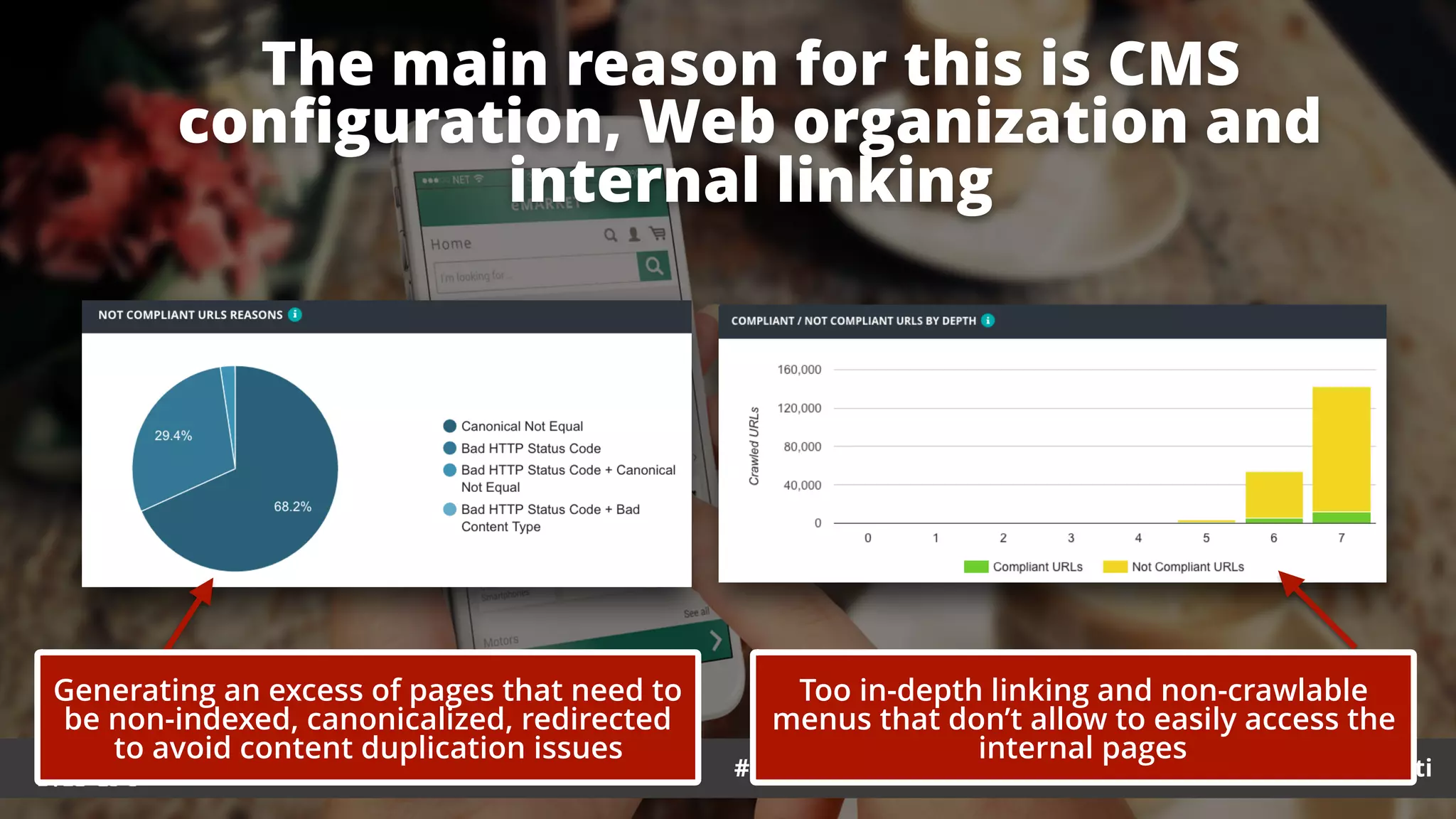 #ecommerceseo at #maxnordic by @aleyda from @orainti
The main reason for this is CMS
conﬁguration, Web organization and
internal linking
#ecommerceseo at #maxnordic by @aleyda from @orainti
Generating an excess of pages that need to
be non-indexed, canonicalized, redirected
to avoid content duplication issues
Too in-depth linking and non-crawlable
menus that don’t allow to easily access the
internal pages
 